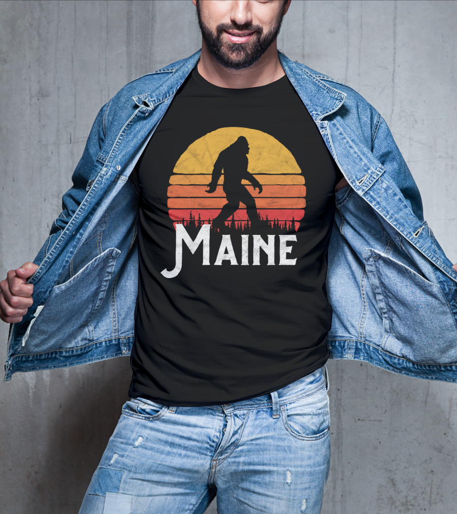 Maine Bigfoot Silhouette Retro Sun Believe T-Shirt