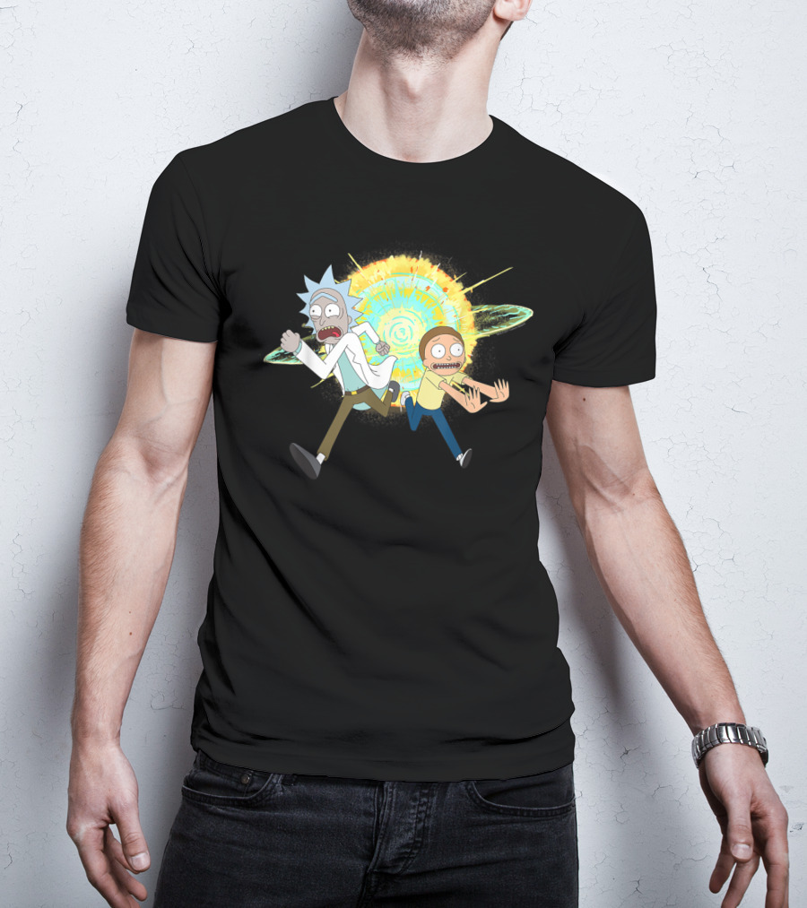 Rick And Morty Running From A Portal Explosion T-Shirt
