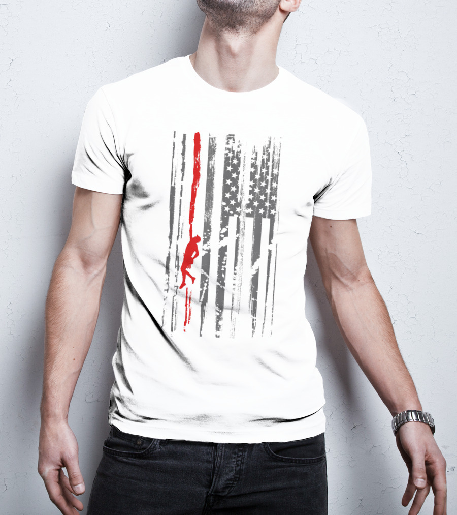 Rock Climbing Silhouette On American Flag Stripes And Stars T-Shirt