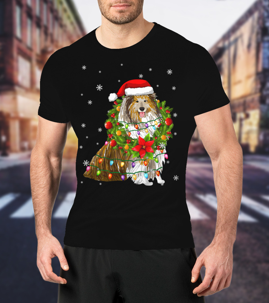 Santa Collie Dog Wrapped In Christmas Lights And Festive Garland T-Shirt