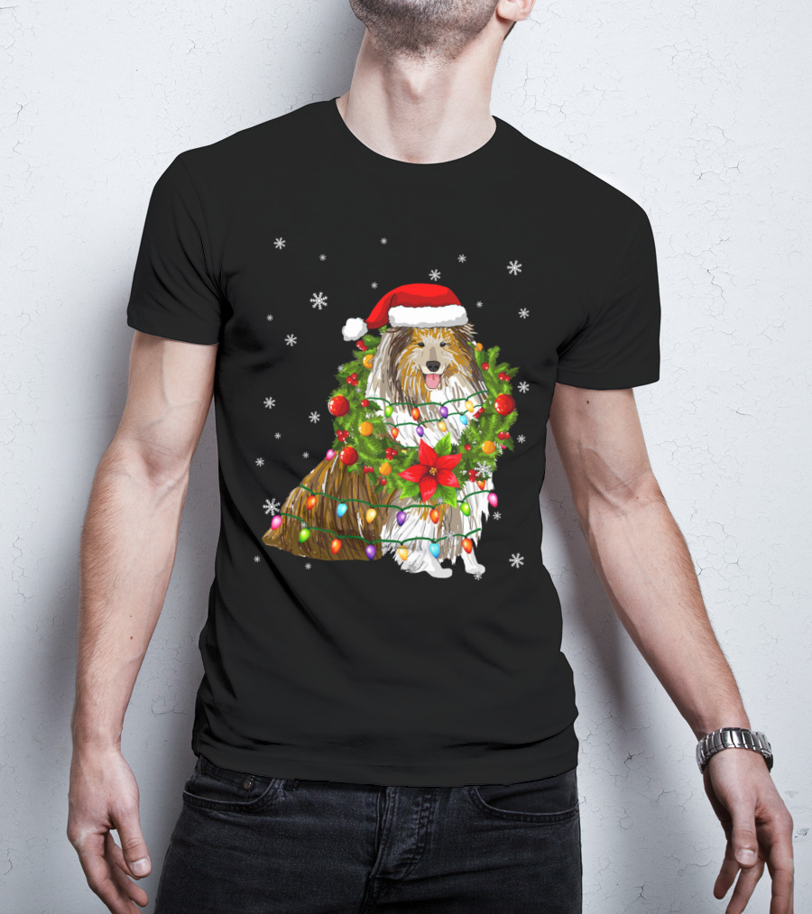 Santa Collie Dog Wrapped In Christmas Lights And Festive Garland T-Shirt
