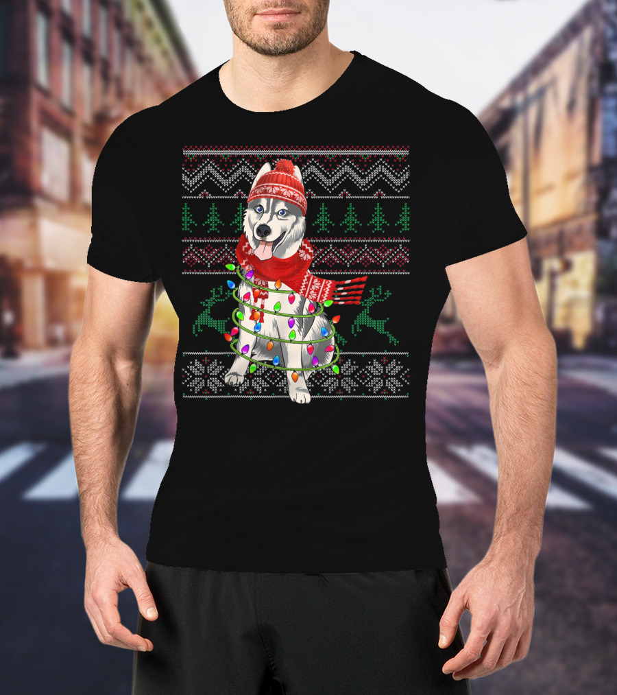 Siberian Husky Christmas Lights Holiday T-Shirt