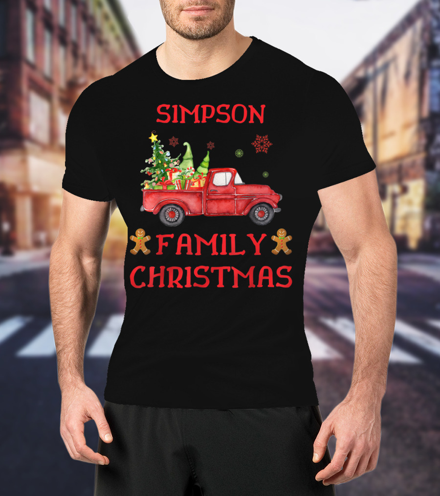 Simpson Family Christmas Old Red Truck With Tree And Gingerbread Men T-Shirt