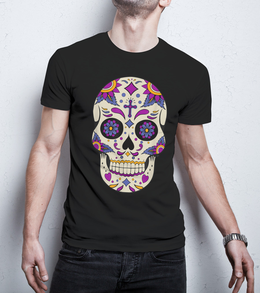 Sugar Skull Day Of The Dead Halloween Dia De Los Muertos Colorful Cross Floral T-Shirt