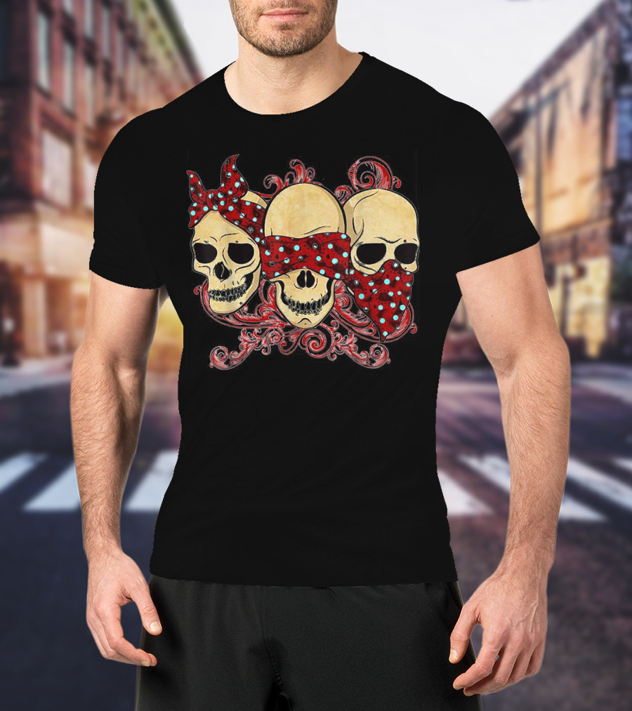 Tattoo Skull See No Evil Hear No Evil Speak No Evil Skulls With Polka Dot Bandanas T-Shirt