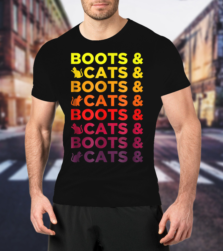 Boots And Cats EDM Rave Festival Funny Repeating Text And Cat T-Shirt