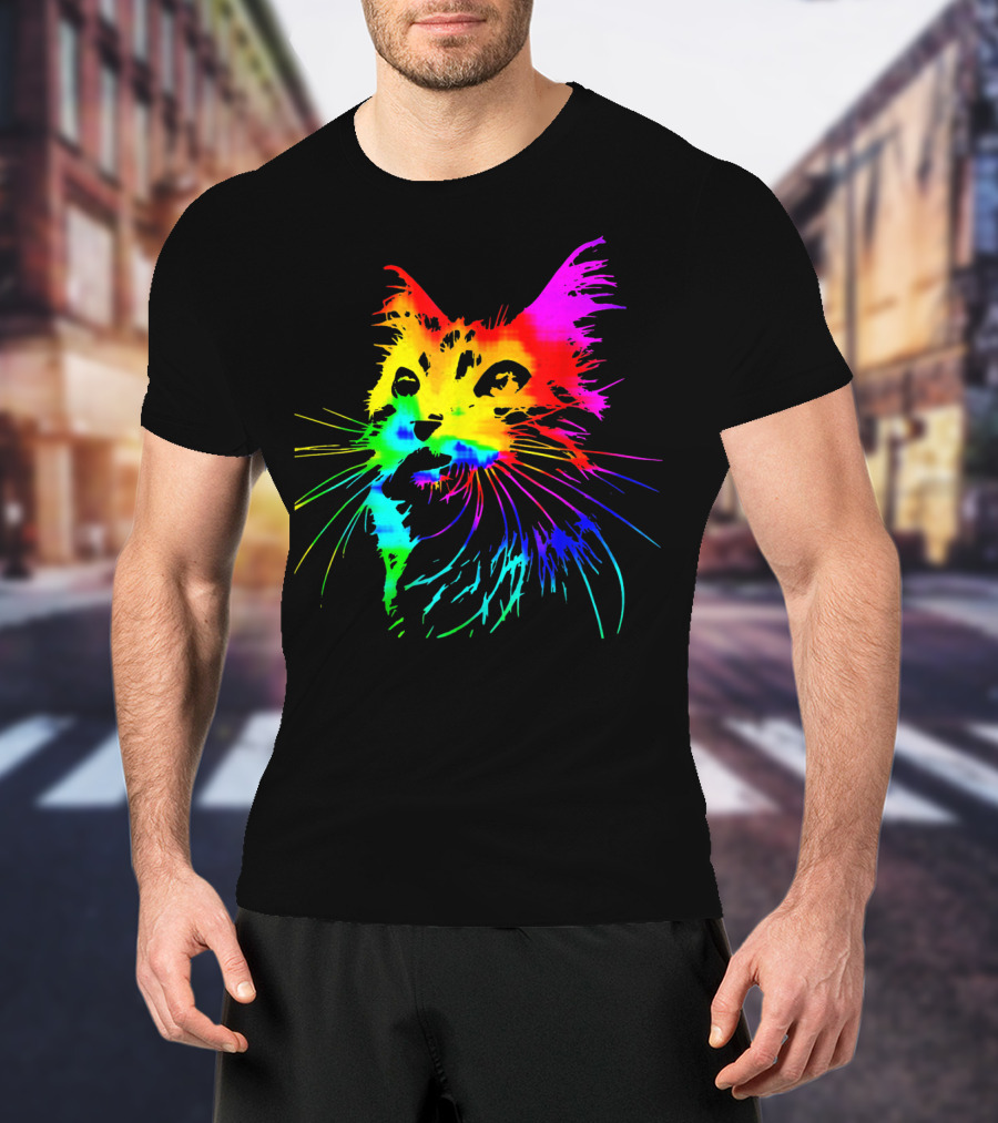 Tie Dye Rainbow Cat Multicolor Psychedelic Cat T-Shirt