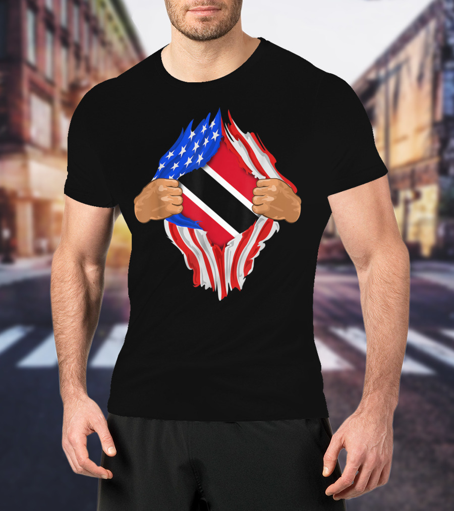 American And Trinidad And Tobago Flag Ripped Open T-Shirt