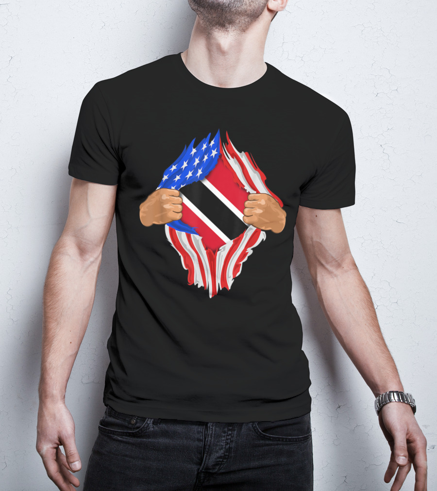 American And Trinidad And Tobago Flag Ripped Open T-Shirt