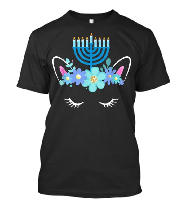 Unicorn Face Hanukkah Menorah Floral Ears Girls T-Shirt