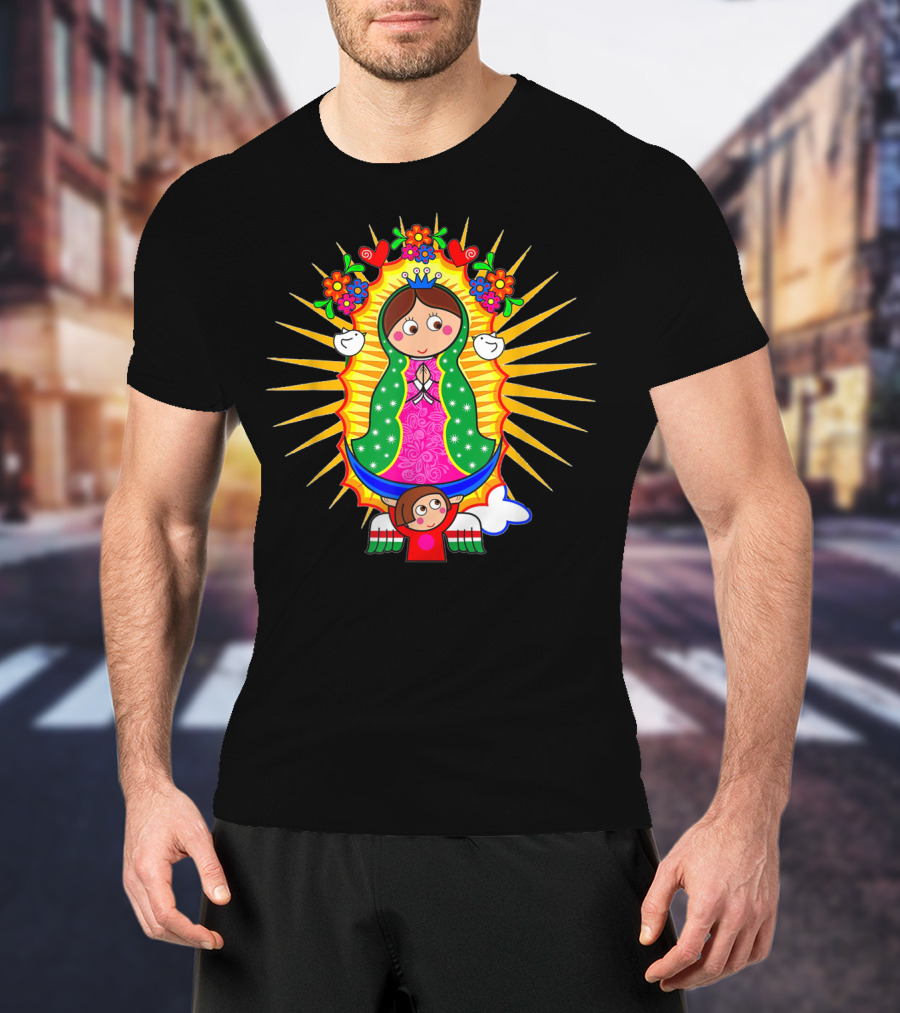 Virgen De Guadalupe Cartoon Mexican Folk Art Angel Children Flowers Sacred Image T-Shirt