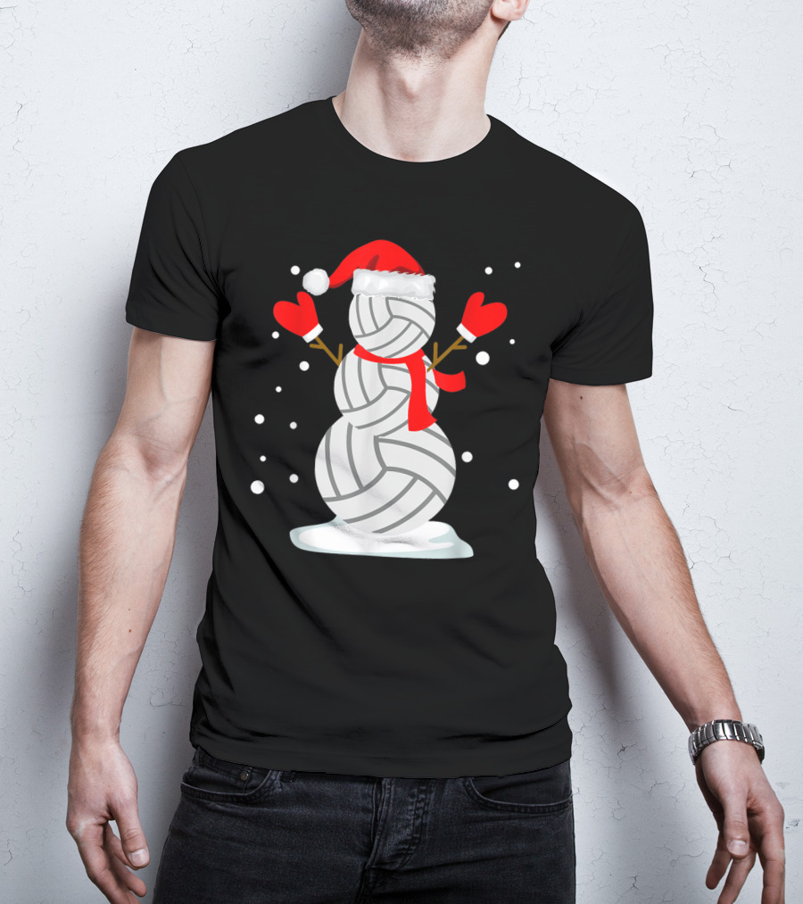 Volleyball Snowman With Santa Hat And Red Mittens T-Shirt