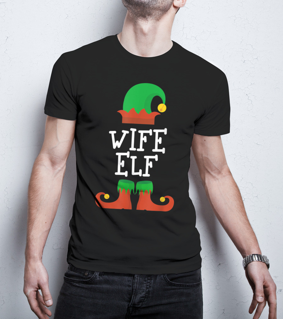 Wife Elf Christmas Holiday Costume Hat And Shoes T-Shirt