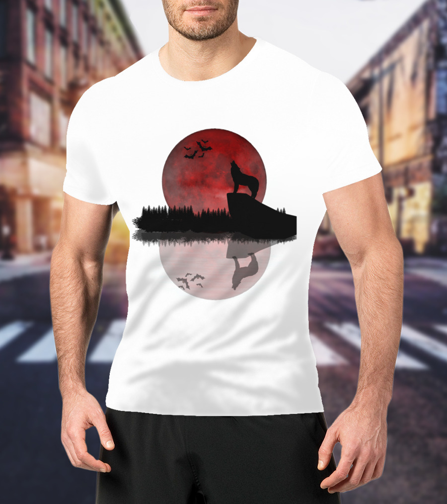Wolf Howling At Blood Moon With Bats Silhouette And Starry Night Reflection T-Shirt
