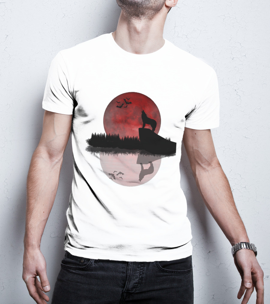 Wolf Howling At Blood Moon With Bats Silhouette And Starry Night Reflection T-Shirt