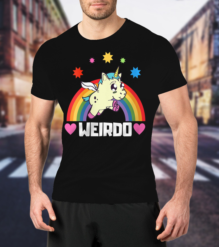 Weird Funny Weirdo Outcast Unicorn Rainbow Hearts Stars T-Shirt