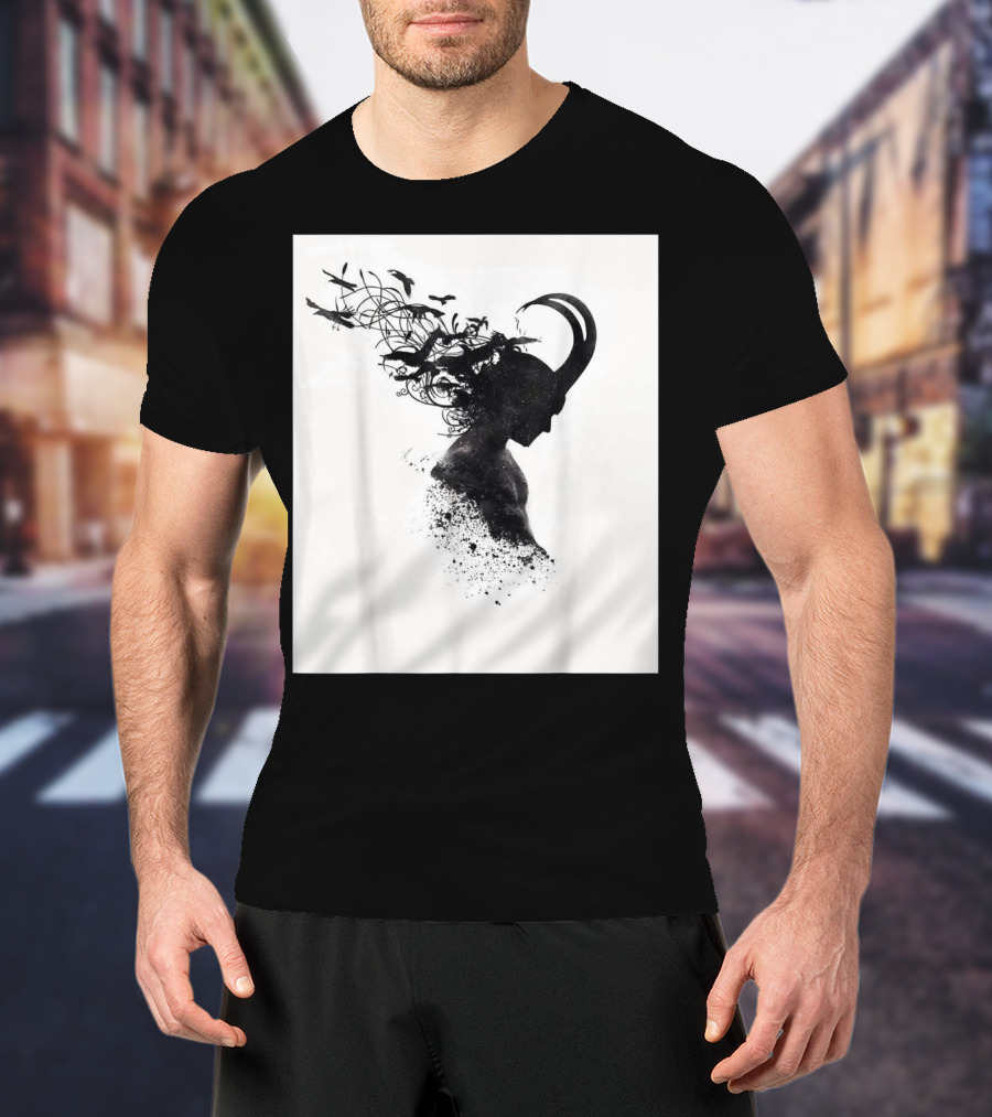 Loki Norse God Of Mischief Silhouette With Birds And Horns T-Shirt
