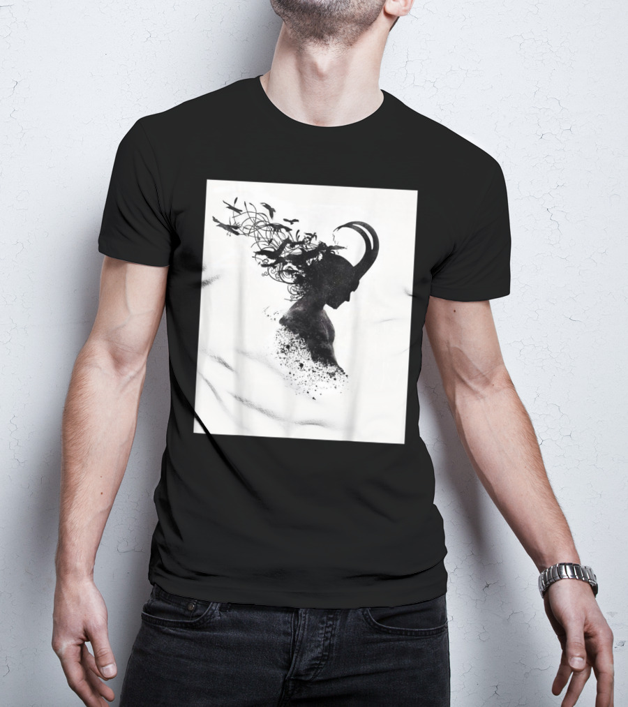 Loki Norse God Of Mischief Silhouette With Birds And Horns T-Shirt