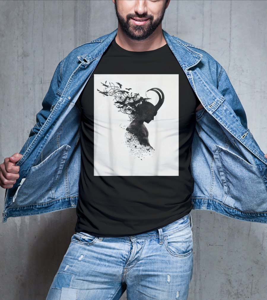 Loki Norse God Of Mischief Silhouette With Birds And Horns T-Shirt