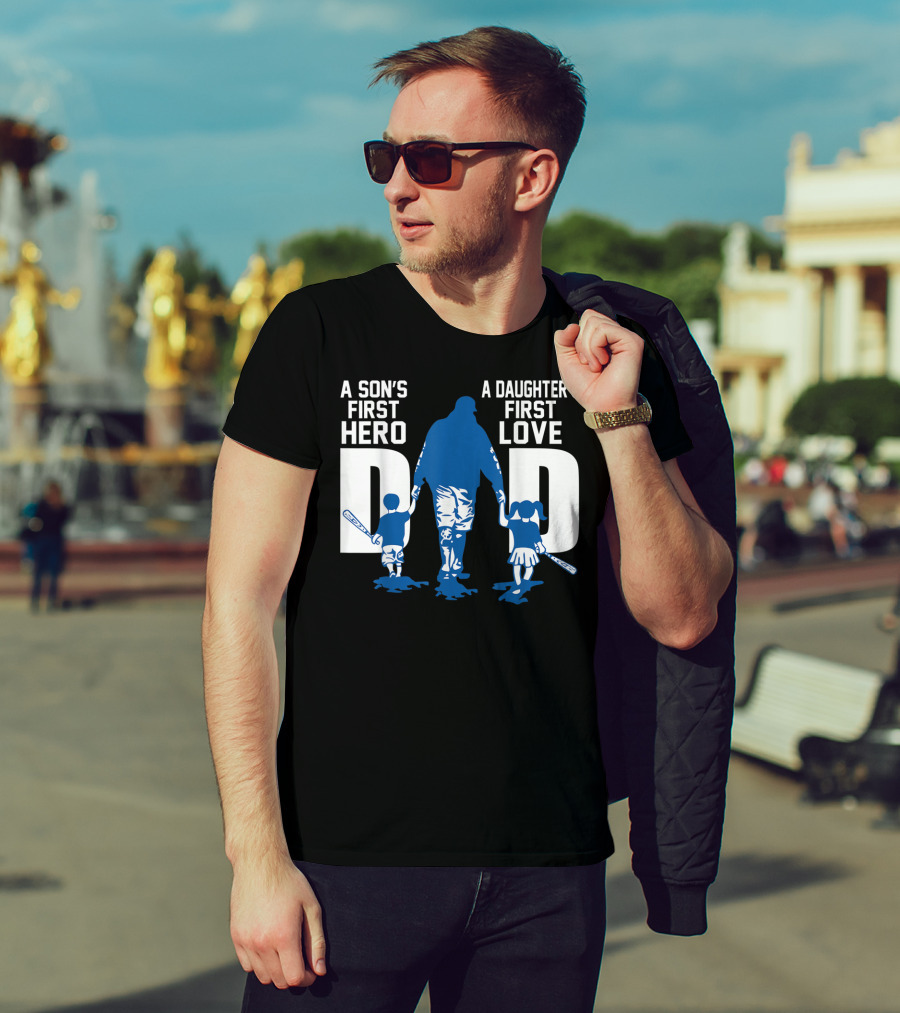 A Son's First Hero A Daughter's First Love Dad Baseball Bat Fatherhood Trio T-Shirt