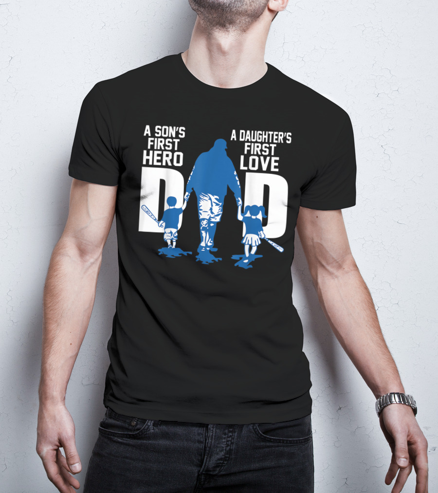 A Son's First Hero A Daughter's First Love Dad Baseball Bat Fatherhood Trio T-Shirt