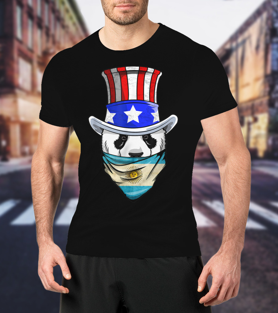 Argentinian Panda Bear In Argentina Bandana Flag With Uncle Sam Hat T-Shirt