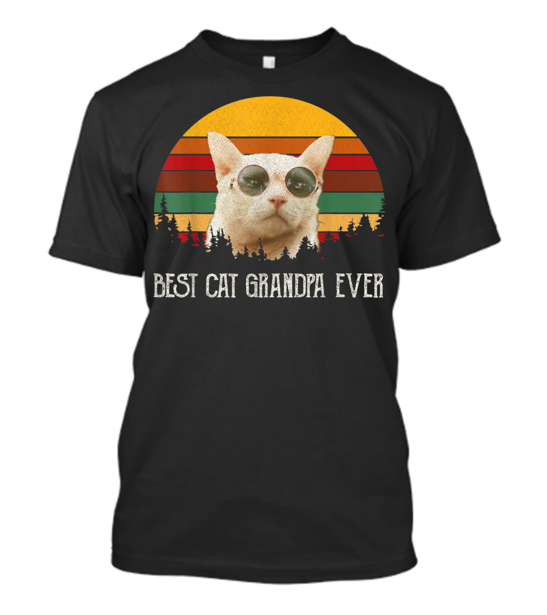 Best Cat Grandpa Ever Retro Cat With Sunglasses And Trees Vintage Sunset T-Shirt