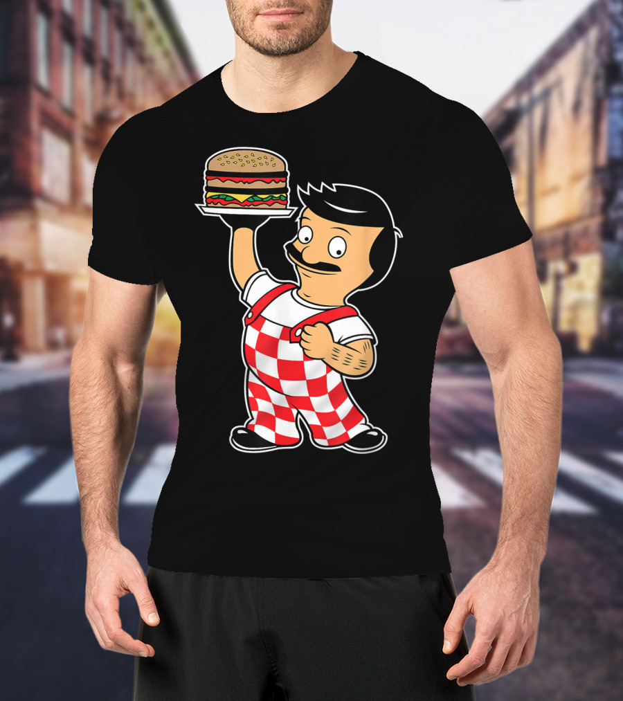 Big Bob Checkered Overalls Burger Mascot T-Shirt