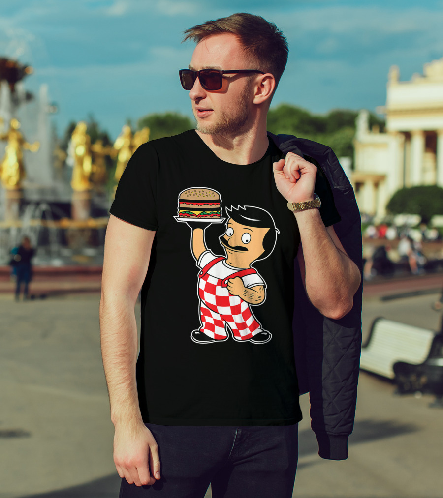 Big Bob Checkered Overalls Burger Mascot T-Shirt