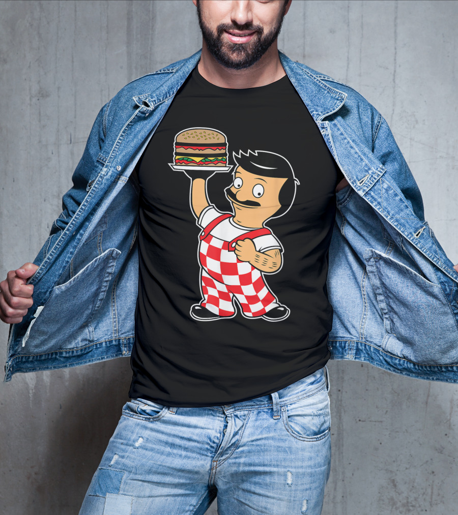 Big Bob Checkered Overalls Burger Mascot T-Shirt