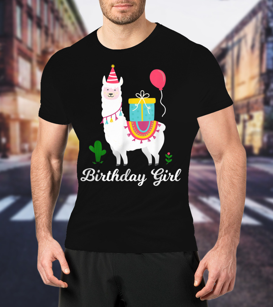 Birthday Girl Cute Alpaca Llama Cactus Balloon Party T-Shirt