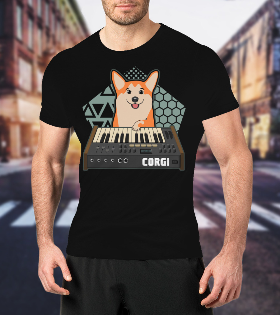 Corgi Synthesizer Musician Dog Lover Hood Keyboard Hexagon Triangles T-Shirt