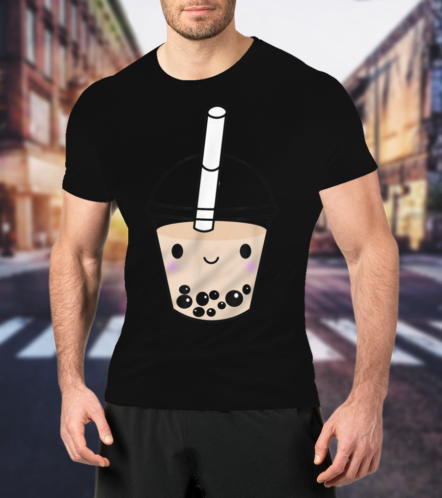 Cute Kawaii Boba Milk Tea Lover With Smiling Bubble Face T-Shirt