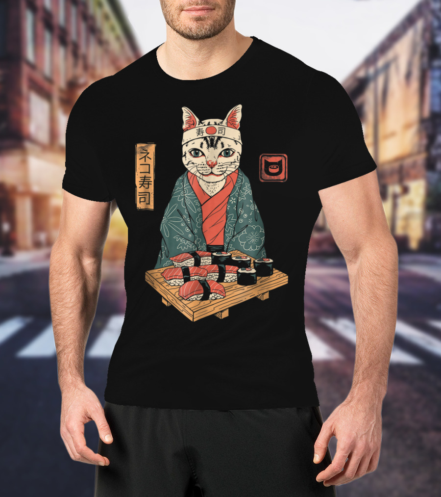 Neko Sushi Cat Chef In Kimono With Sushi Platter T-Shirt