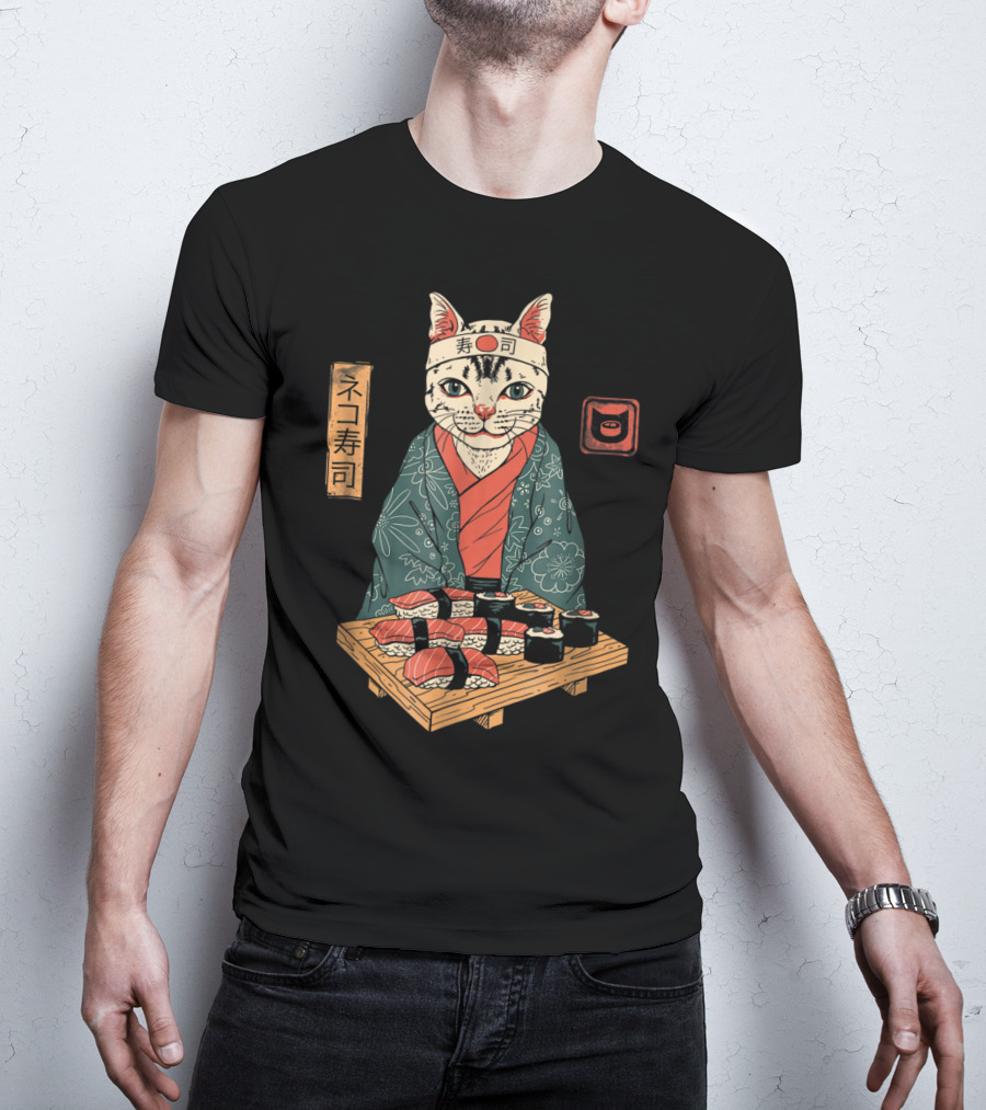Neko Sushi Cat Chef In Kimono With Sushi Platter T-Shirt