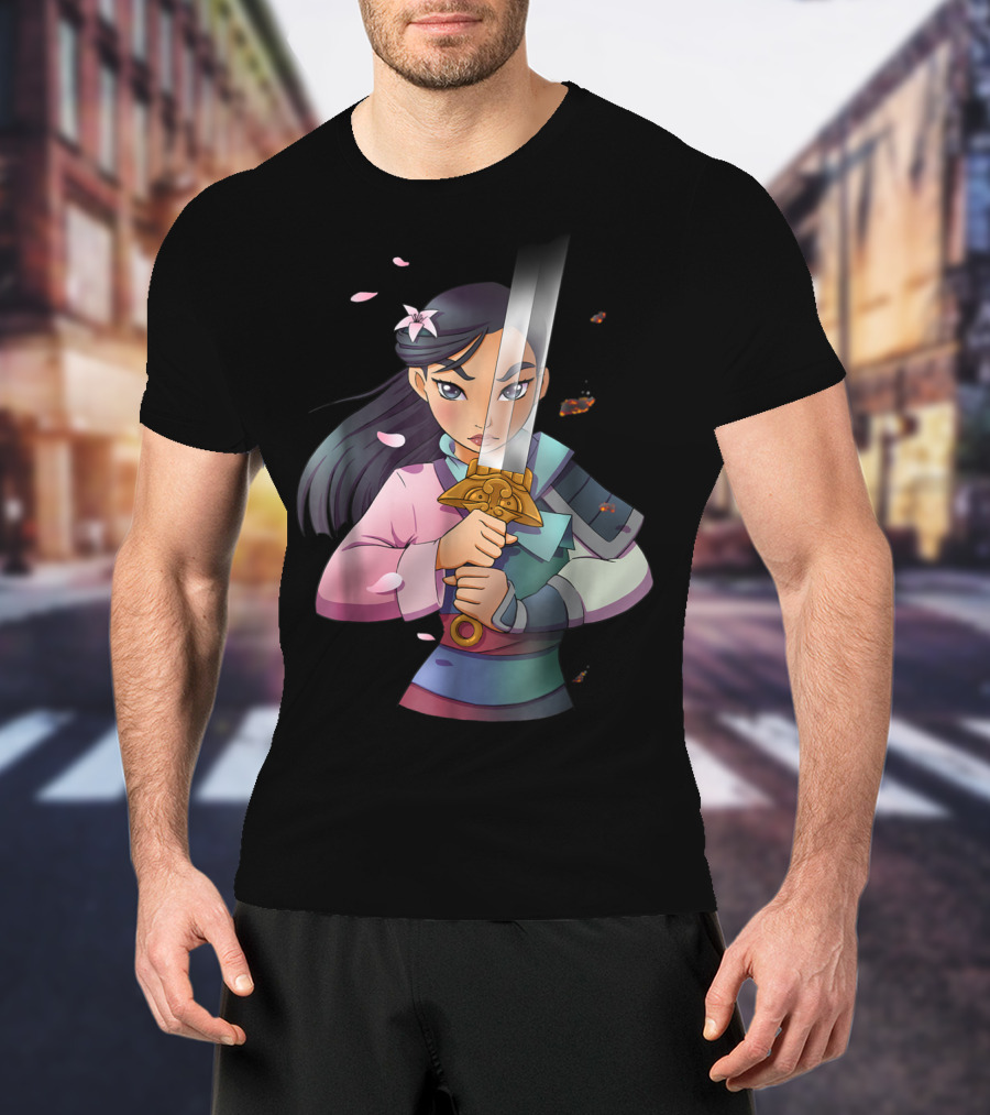 Disney Mulan Anime Half Girl Half Warrior Sword Blossoms T-Shirt