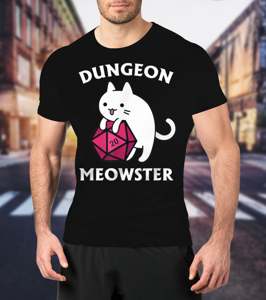 Dungeon Meowster Cat Hugging D20 Dice For Funny DnD Tabletop Gamer T-Shirt