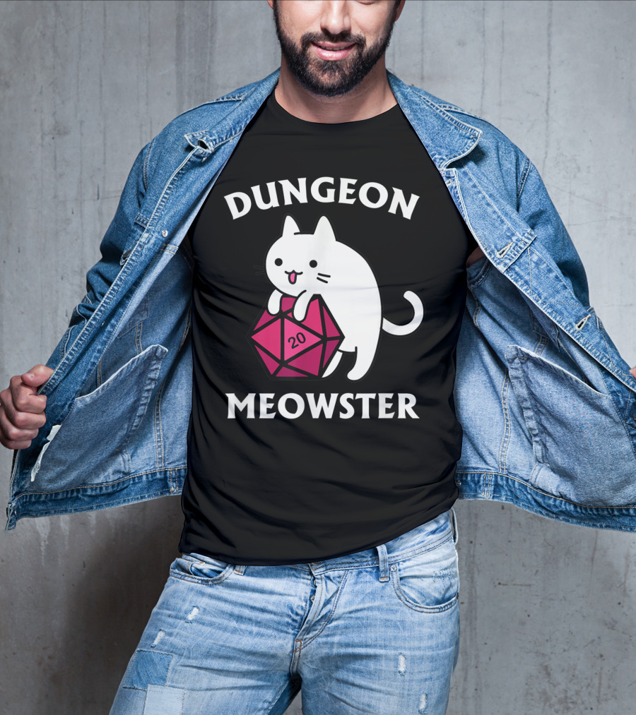 Dungeon Meowster Cat Hugging D20 Dice For Funny DnD Tabletop Gamer T-Shirt