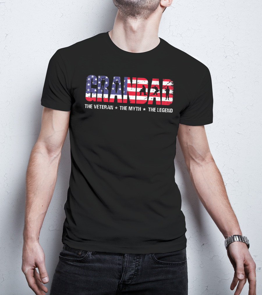Fathers Day Grandad The Veteran The Myth The Legend Patriotic American Flag T-Shirt