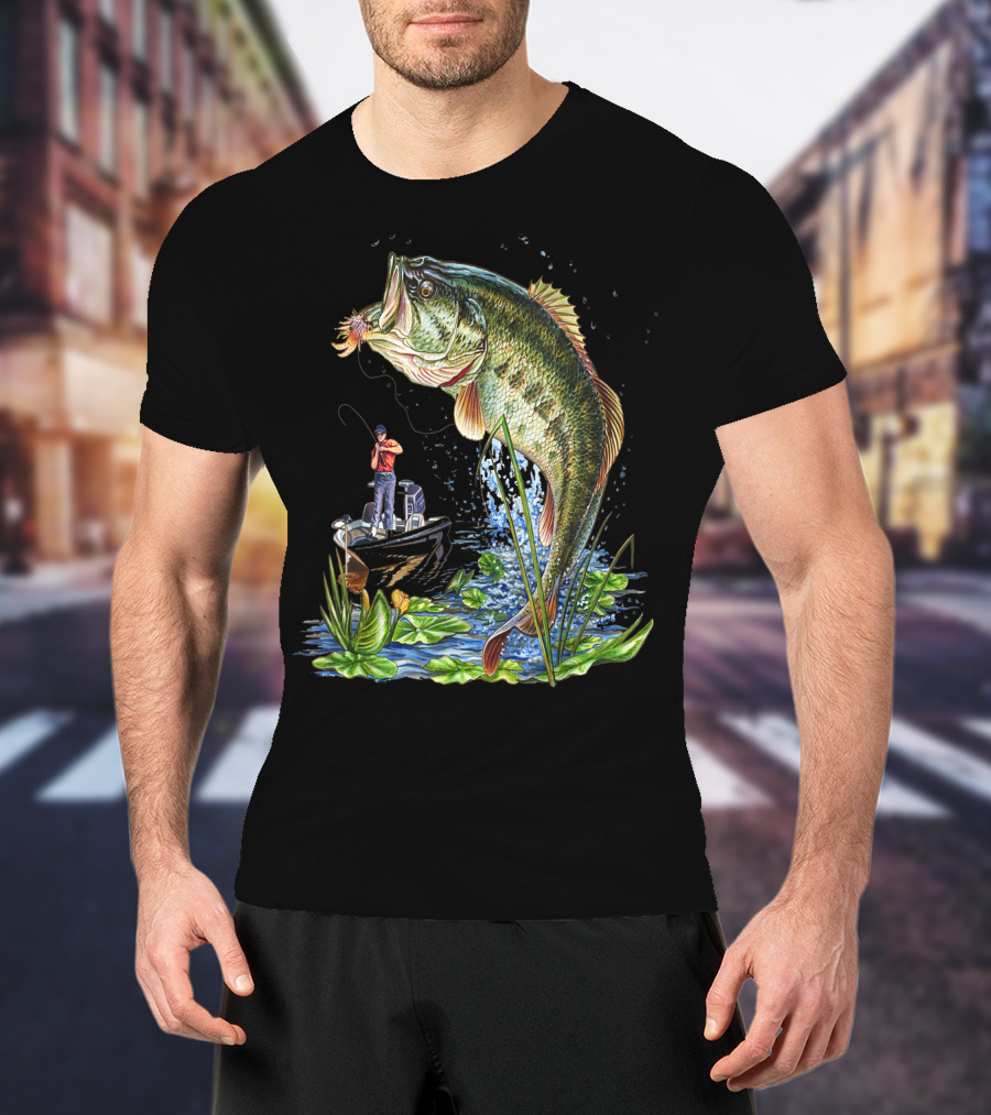 Fishing Large Mouth Bass Catching Scene With Angler And Boat T-Shirt
