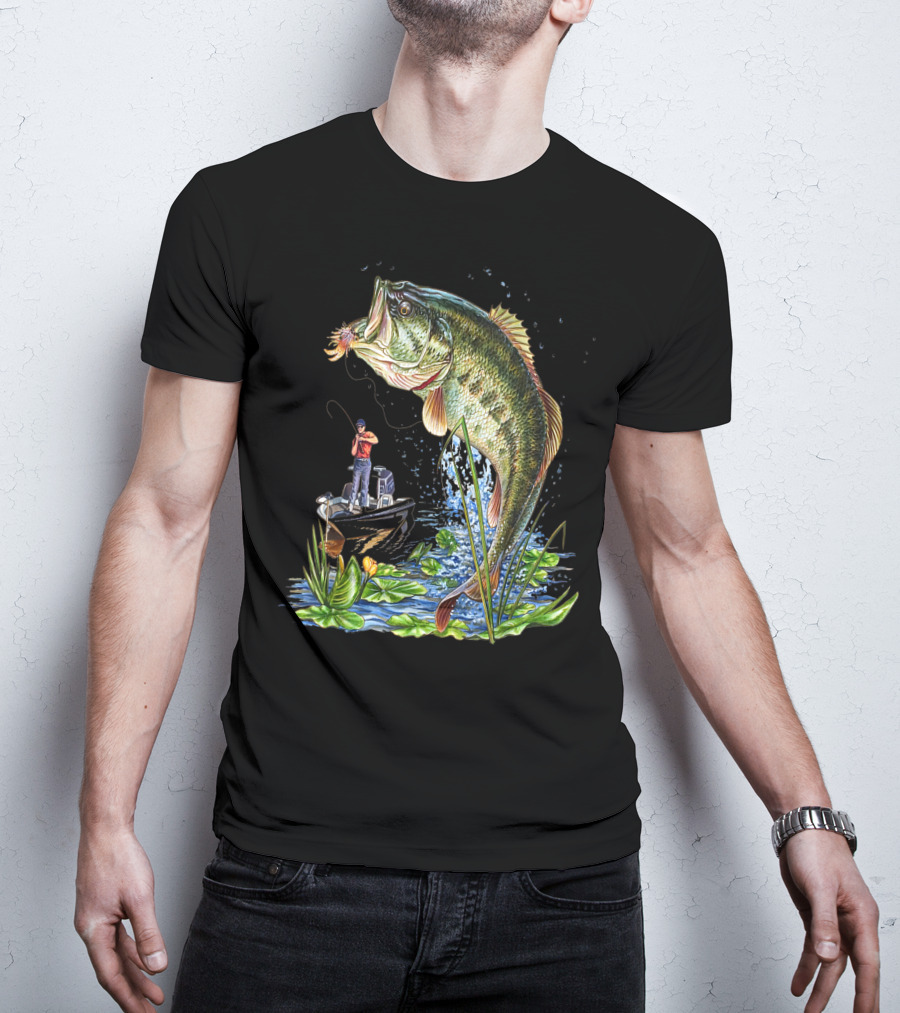 Fishing Large Mouth Bass Catching Scene With Angler And Boat T-Shirt
