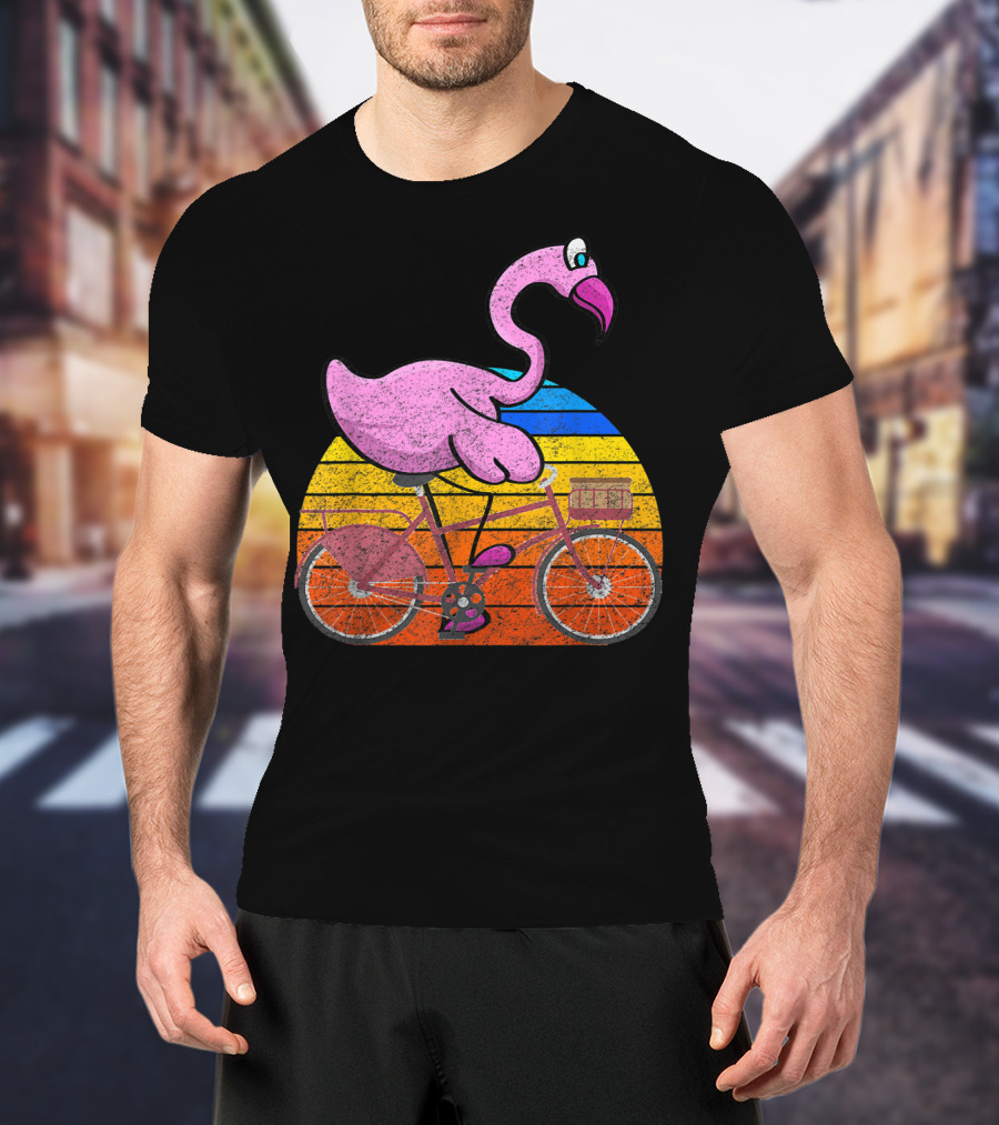 Flamingo Riding Bicycle Funny Retro Sunset T-Shirt