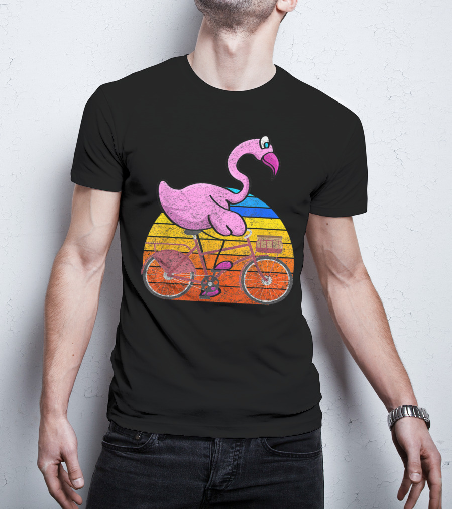 Flamingo Riding Bicycle Funny Retro Sunset T-Shirt