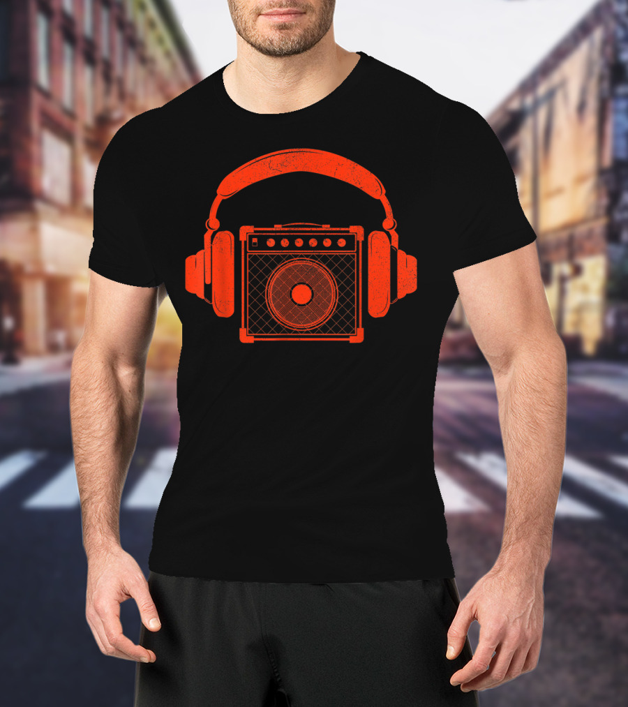 Red Headphones Over Speakerbox Music Lovers Novelty T-Shirt