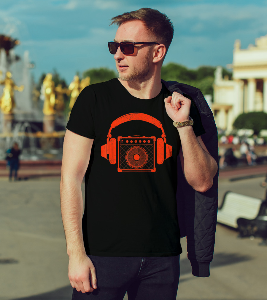 Red Headphones Over Speakerbox Music Lovers Novelty T-Shirt
