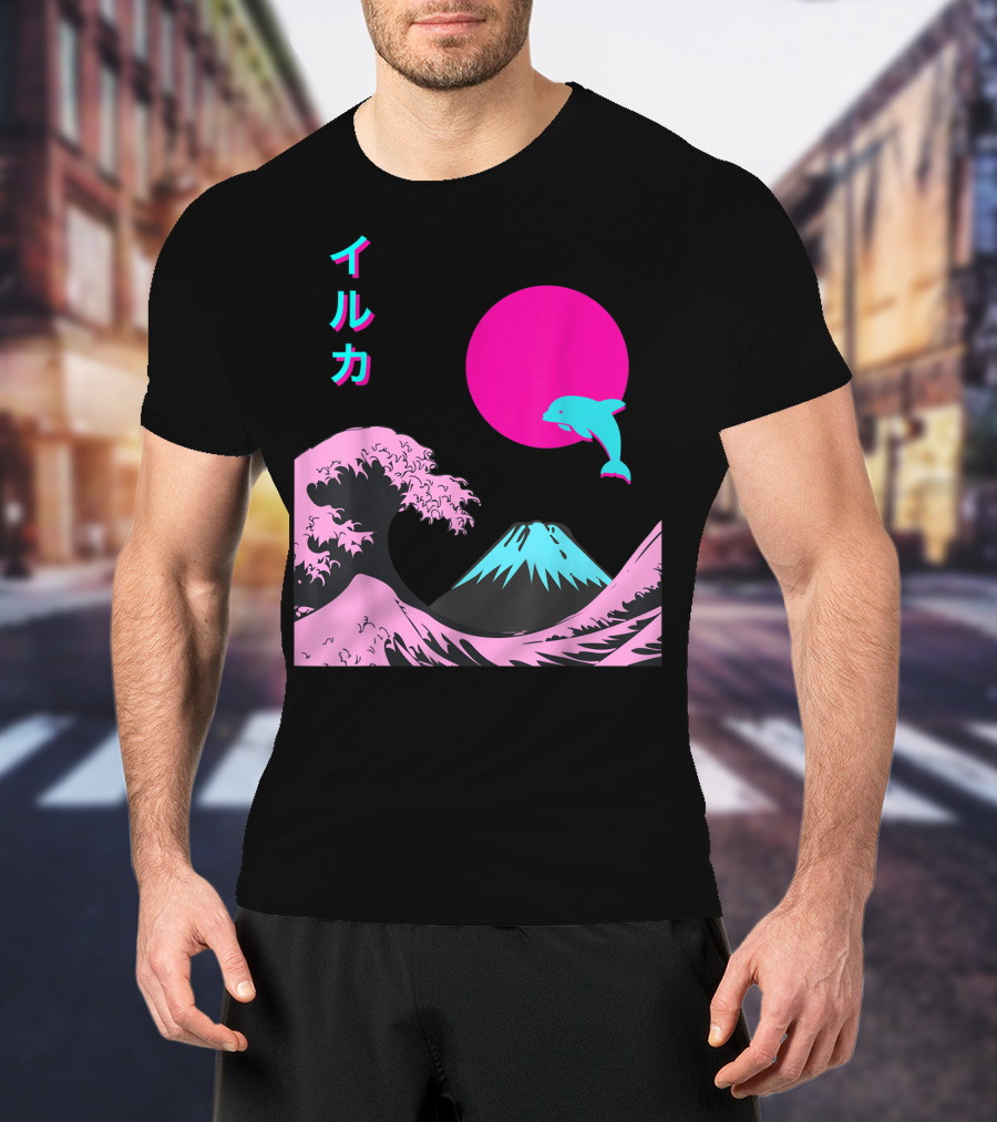 Retro Aesthetic Iruka Dolphin With Japanese Writing And Mount Fuji In Neon Colors T-Shirt