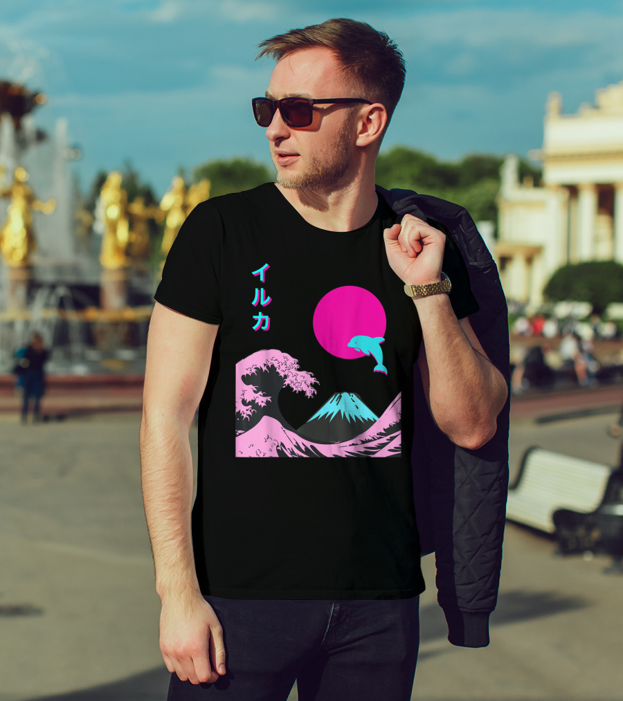 Retro Aesthetic Iruka Dolphin With Japanese Writing And Mount Fuji In Neon Colors T-Shirt