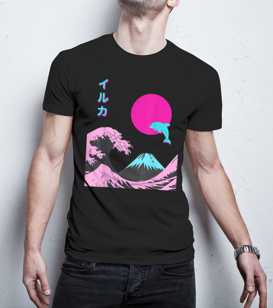 Retro Aesthetic Iruka Dolphin With Japanese Writing And Mount Fuji In Neon Colors T-Shirt