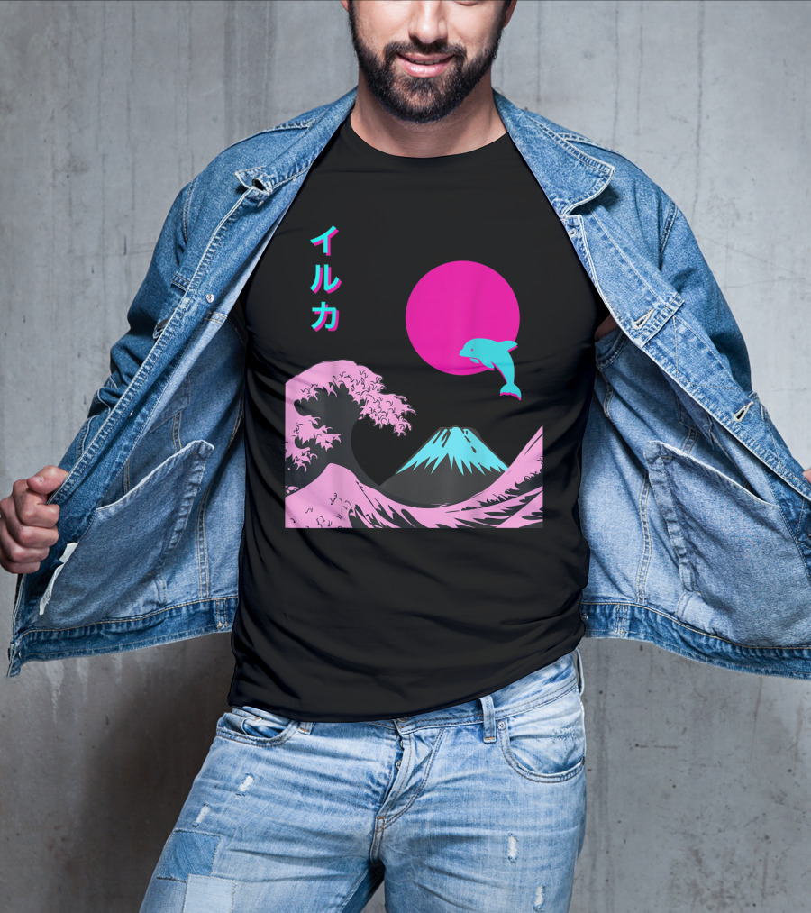 Retro Aesthetic Iruka Dolphin With Japanese Writing And Mount Fuji In Neon Colors T-Shirt