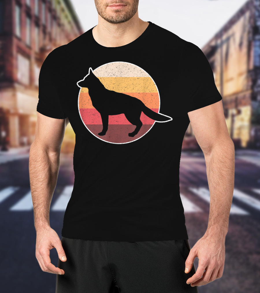 Vintage German Shepherd Silhouette With Retro Sunset Stripes T-Shirt
